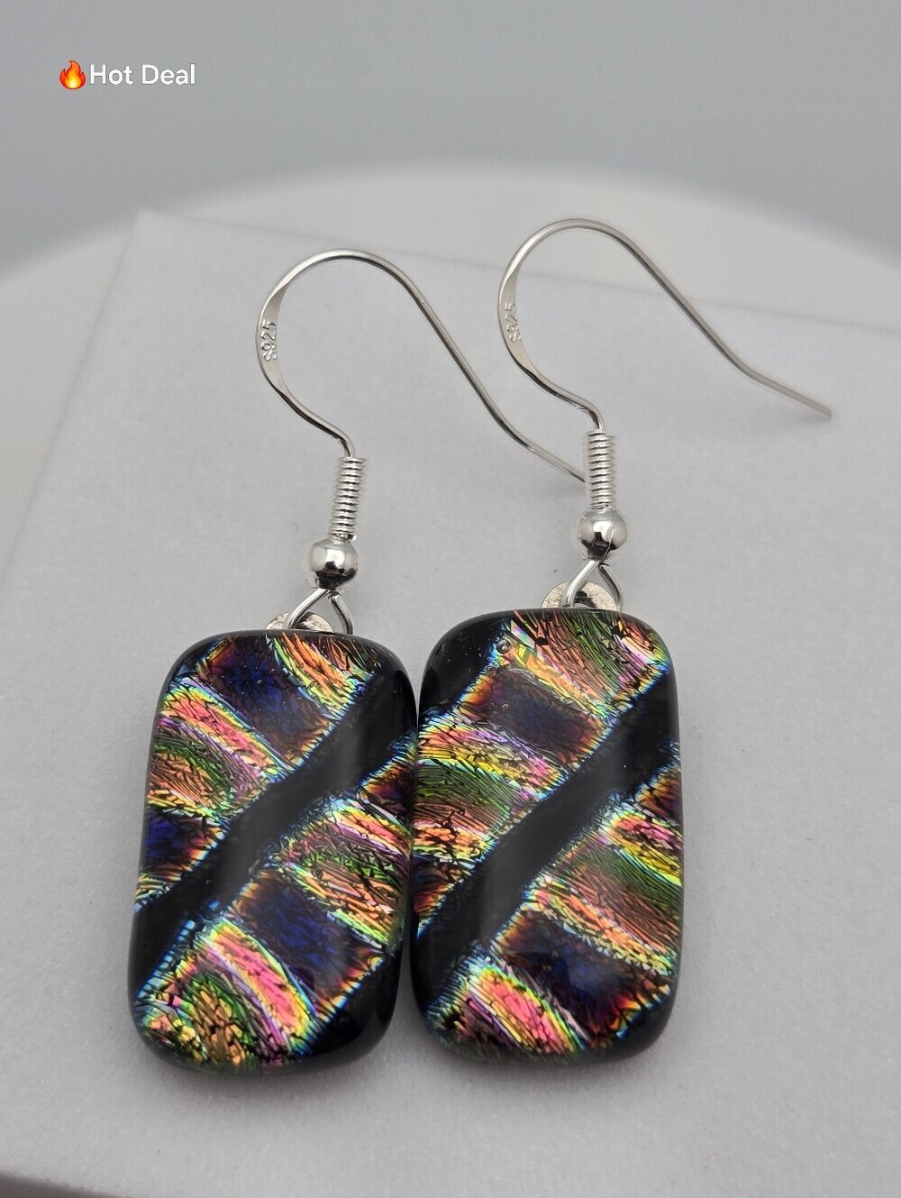 Dichroic Glass Earrings Sterling Silver Rainbow Dangle 1.5" Handmade